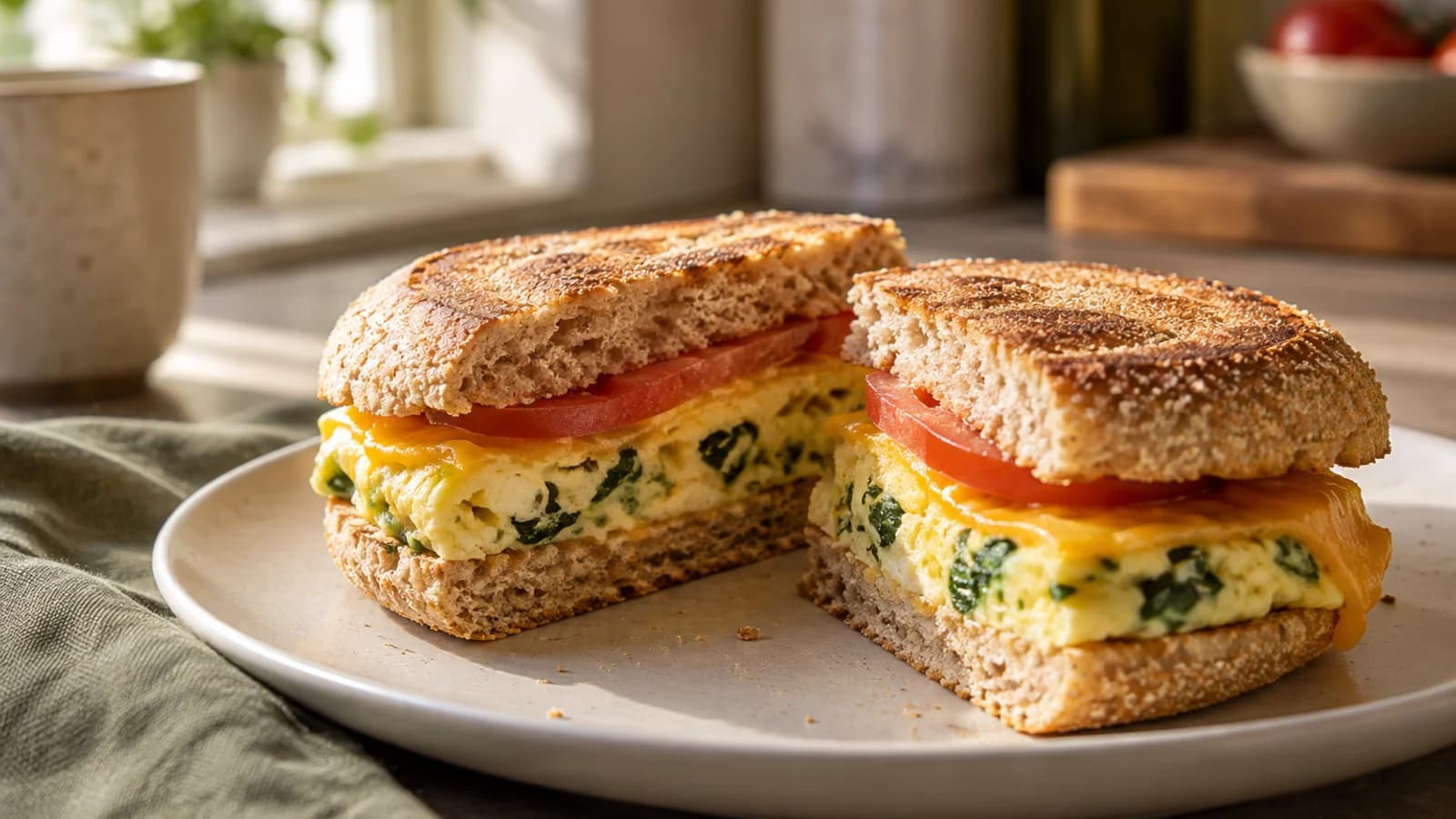 Toasted whole-wheat breakfast sandwich halves with a folded spinach egg omelet, cheddar and tomato