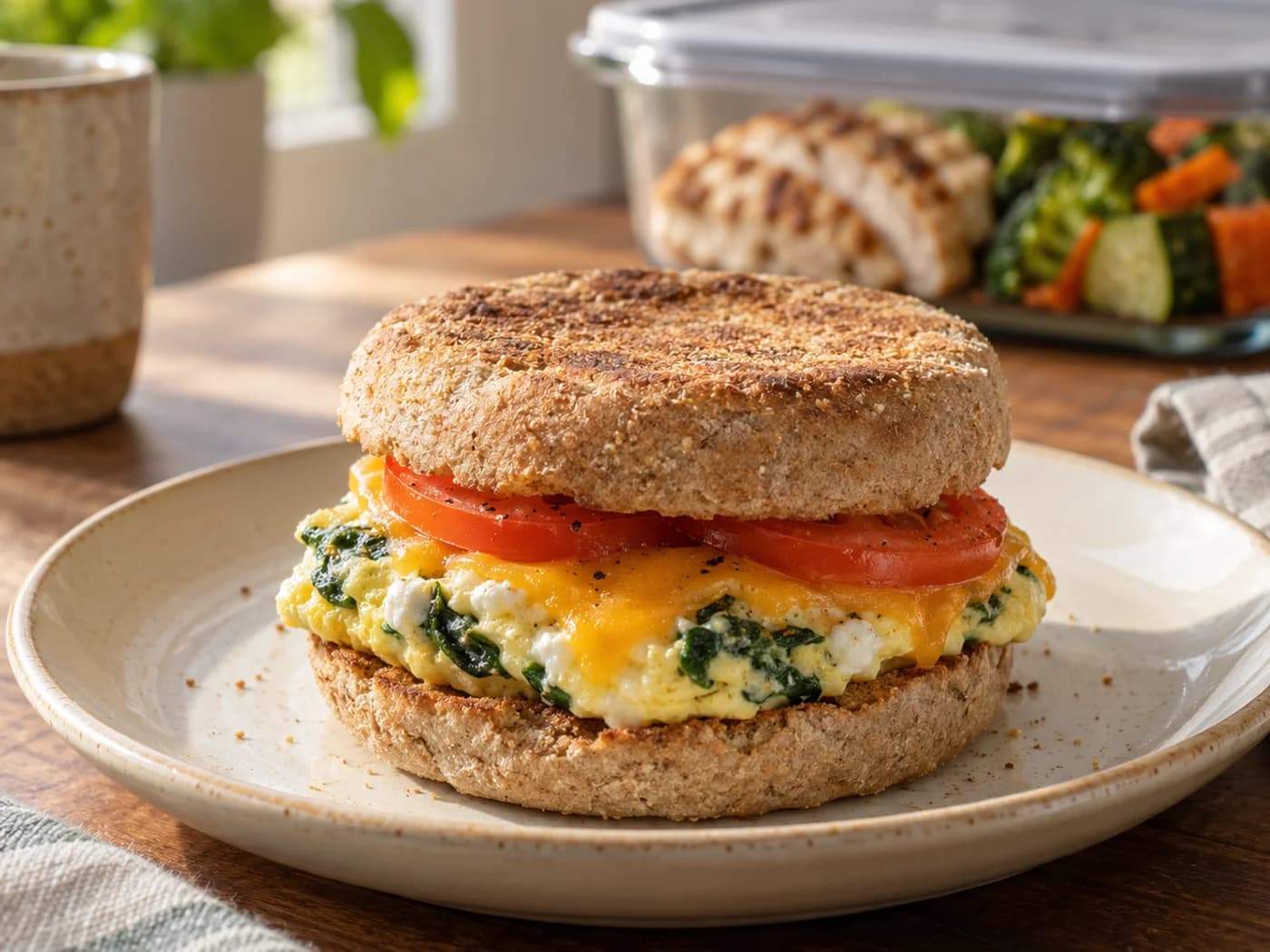 A breakfast sandwich in the foreground with a covered lunch container softly blurred behind