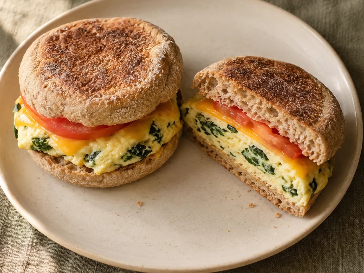 Two complete egg and spinach English muffin breakfast sandwiches on an ivory platter