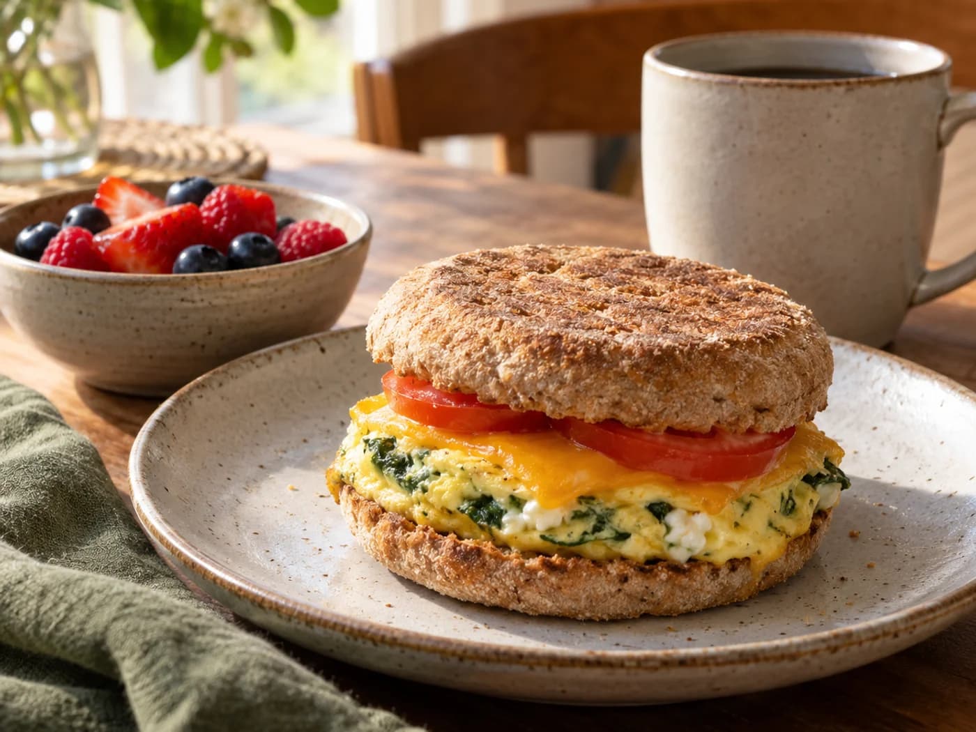 A breakfast sandwich with a separate small berry bowl and plain coffee mug