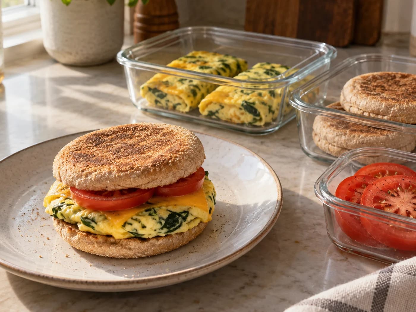 Cooled egg folds, muffins and tomato packed in separate clear containers