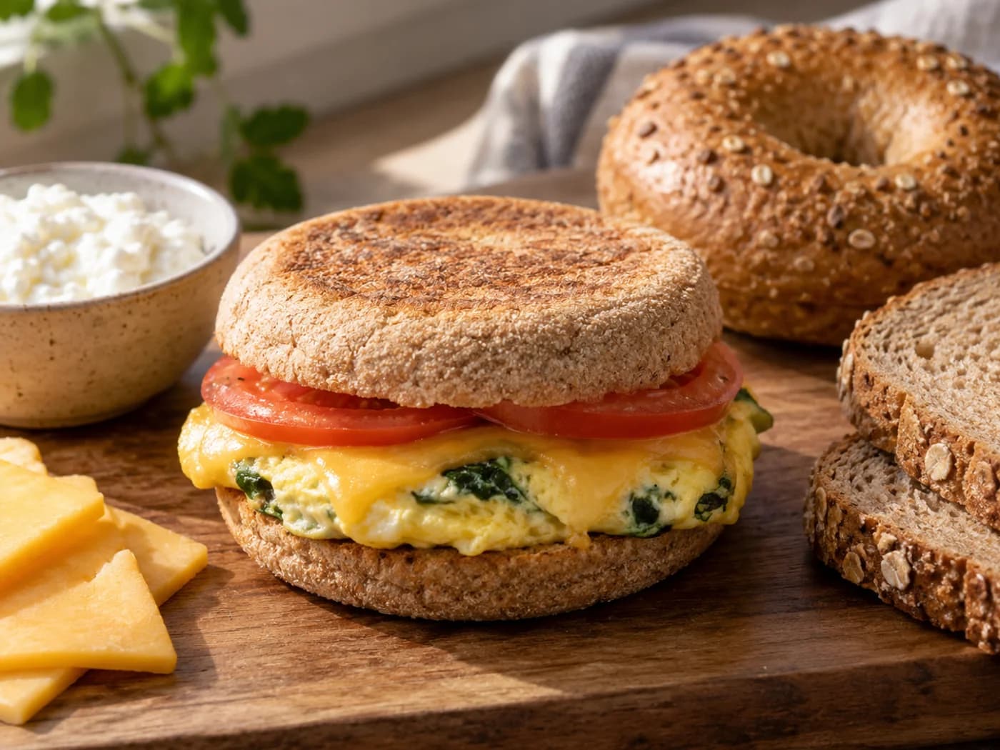 A reference sandwich beside a bagel, wholegrain bread and separate cheese options