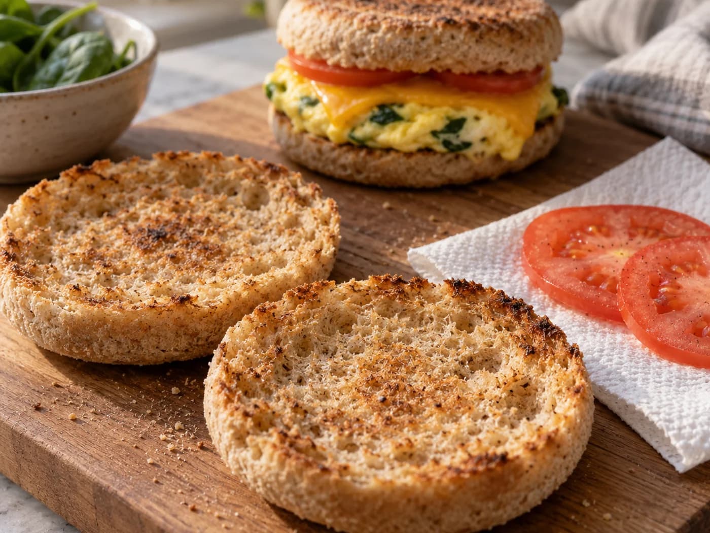 Golden dry-toasted muffin halves beside thin tomato slices blotted on kitchen paper