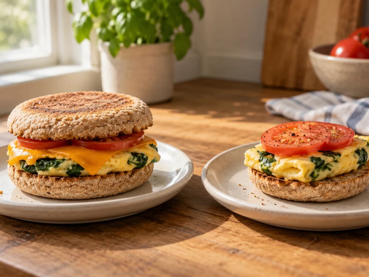 A standard breakfast sandwich beside an open-faced egg muffin without cheddar