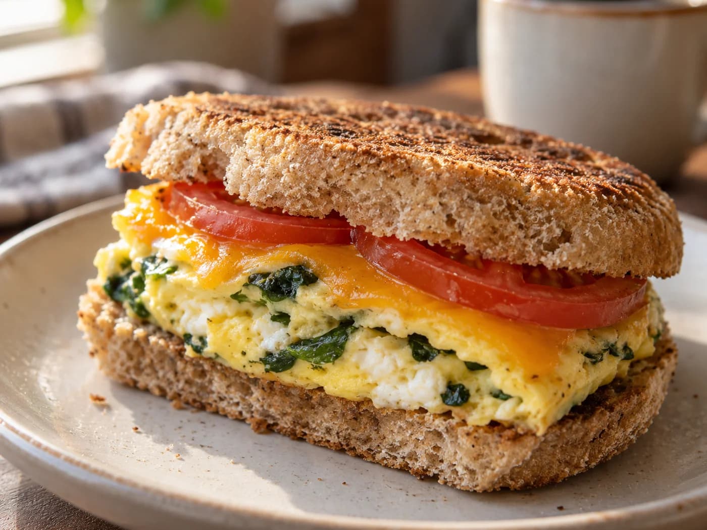 Close view of a breakfast sandwich half with golden muffin edges and fully set egg folds