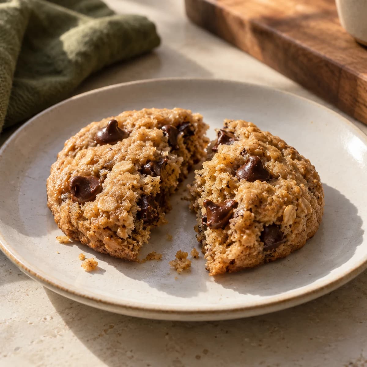 A baked peanut butter oat cookie broken to show the soft centre