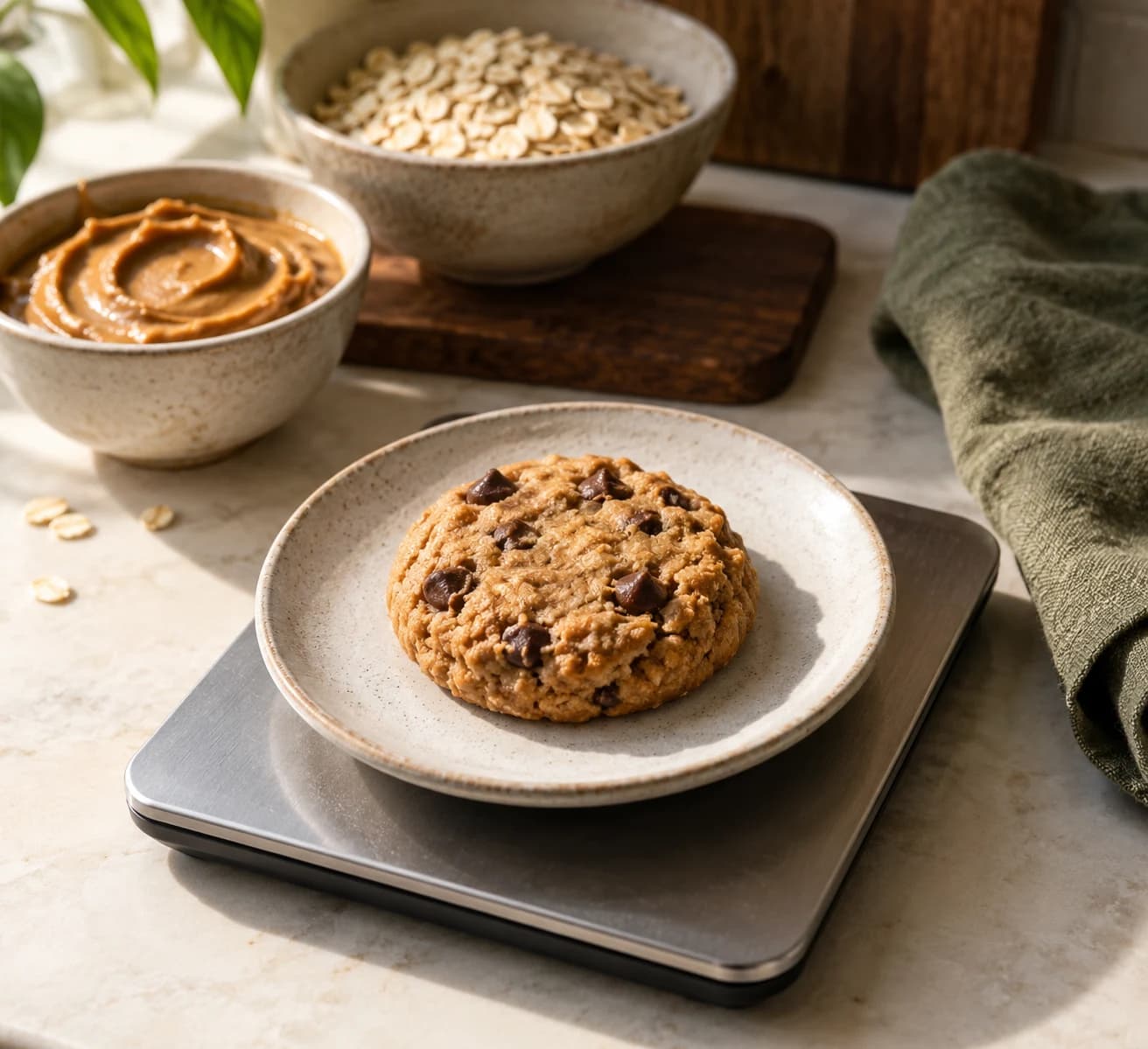 A cookie on a plate over a kitchen scale beside oats and peanut butter