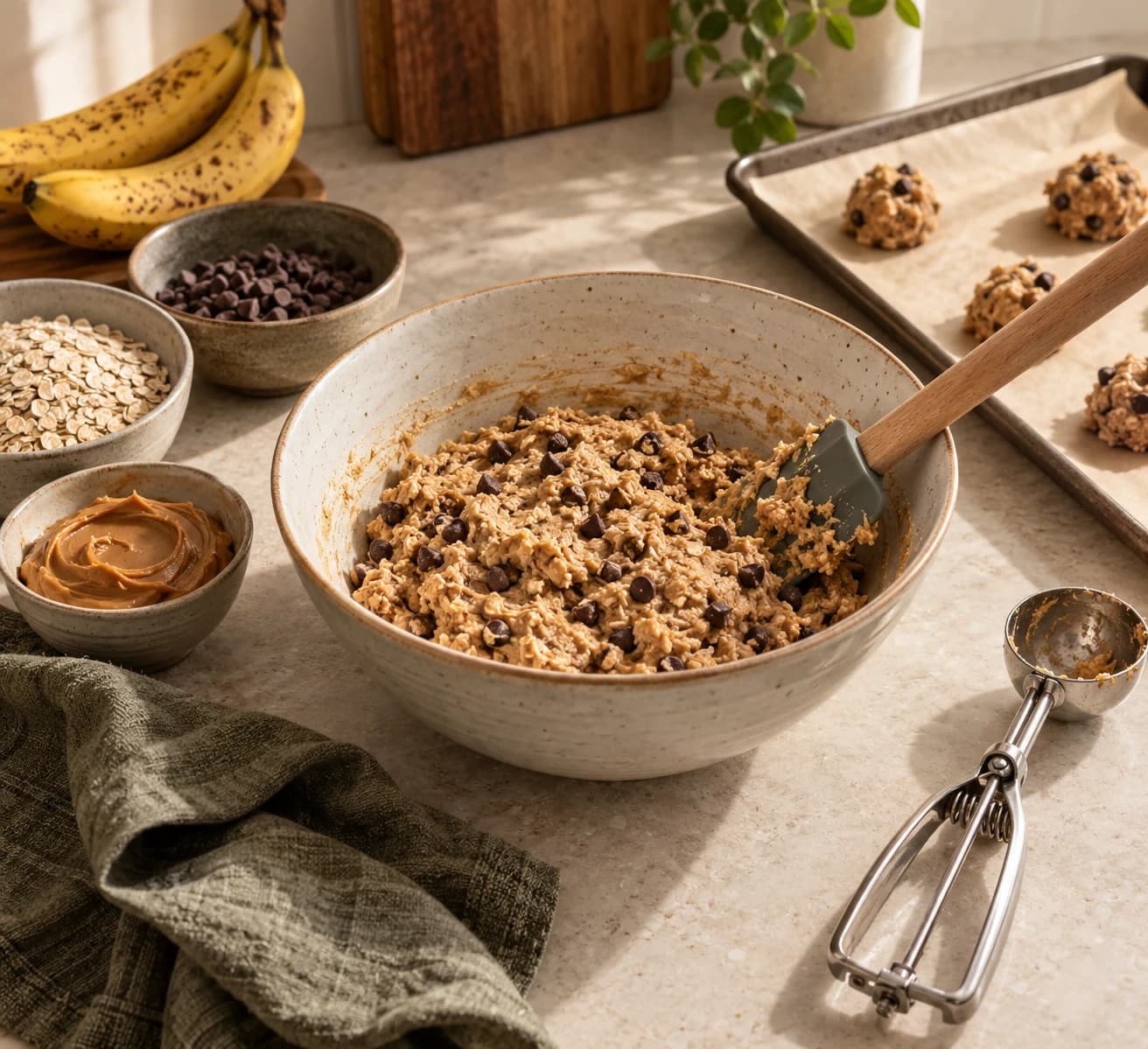 A spatula folding thick peanut butter oat chocolate chip dough in a bowl
