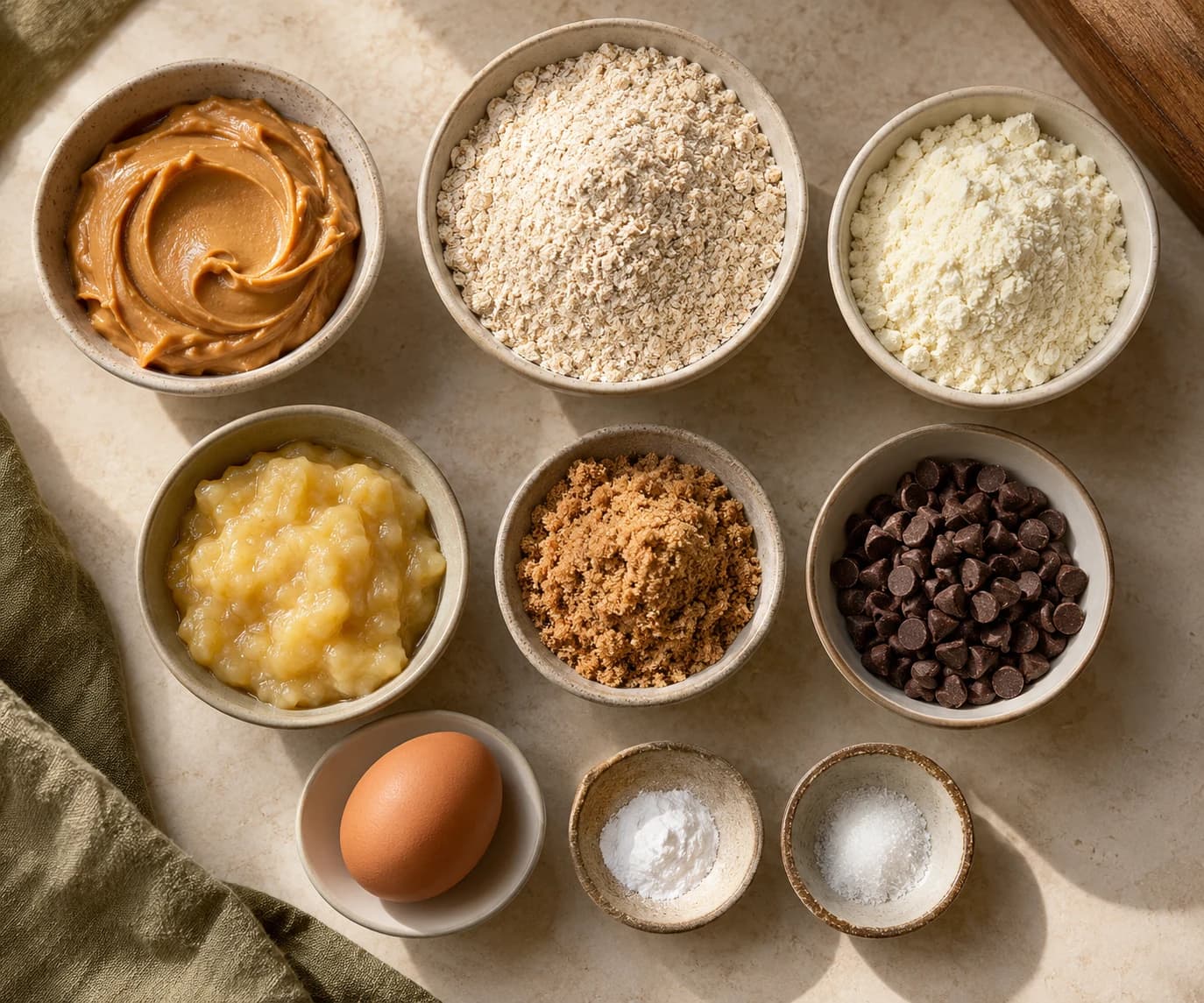 Peanut butter, ground oats, vanilla powder, banana, egg, sugar and chocolate arranged for baking