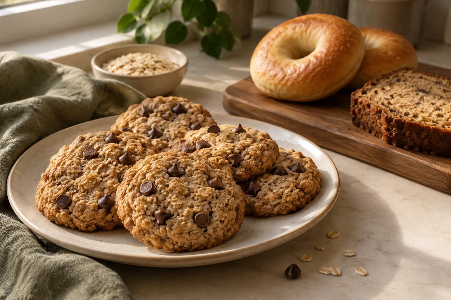 Cookies, a banana bread slice and plain yogurt bagels on a wooden board
