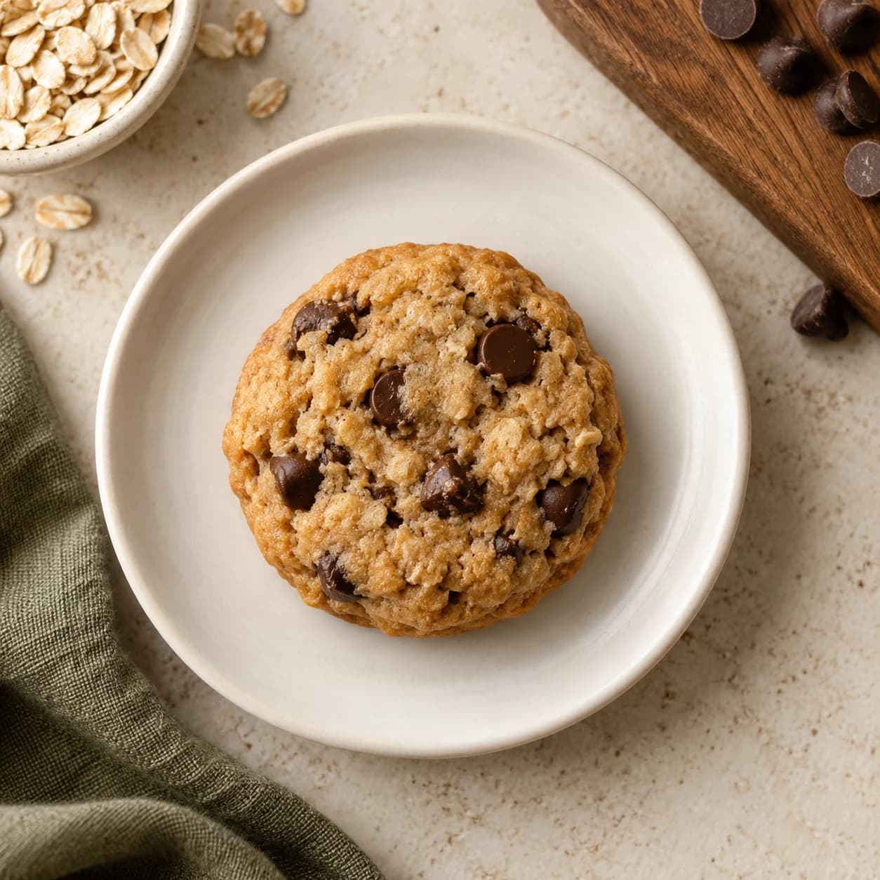 One golden oat chocolate chip cookie on a small ivory plate
