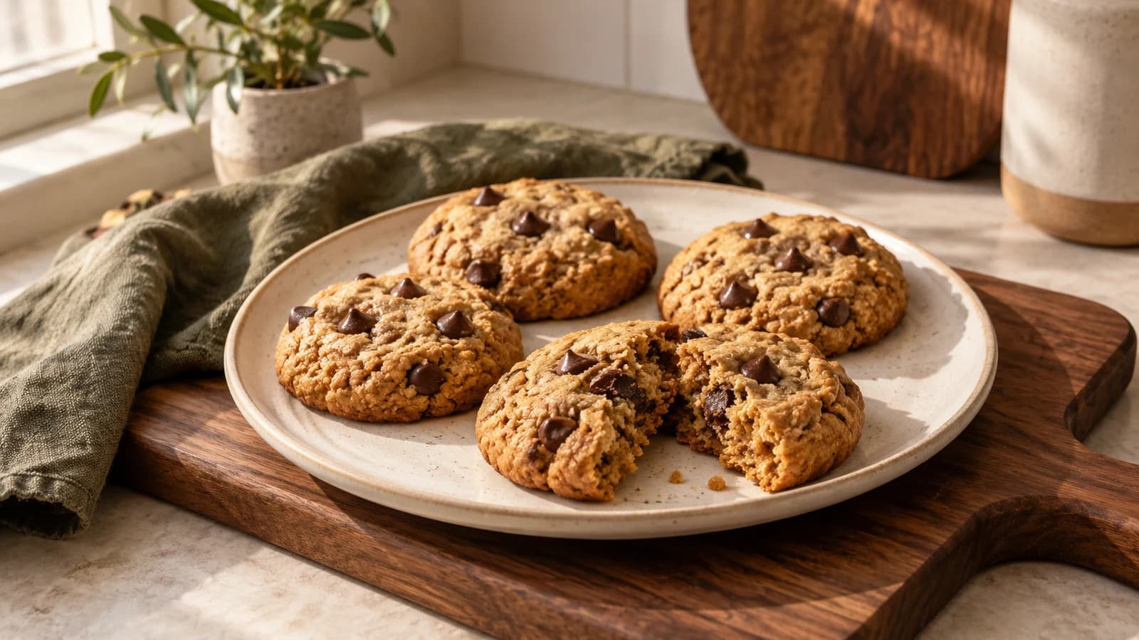 Golden peanut butter oat chocolate chip cookies with one broken to show the baked crumb