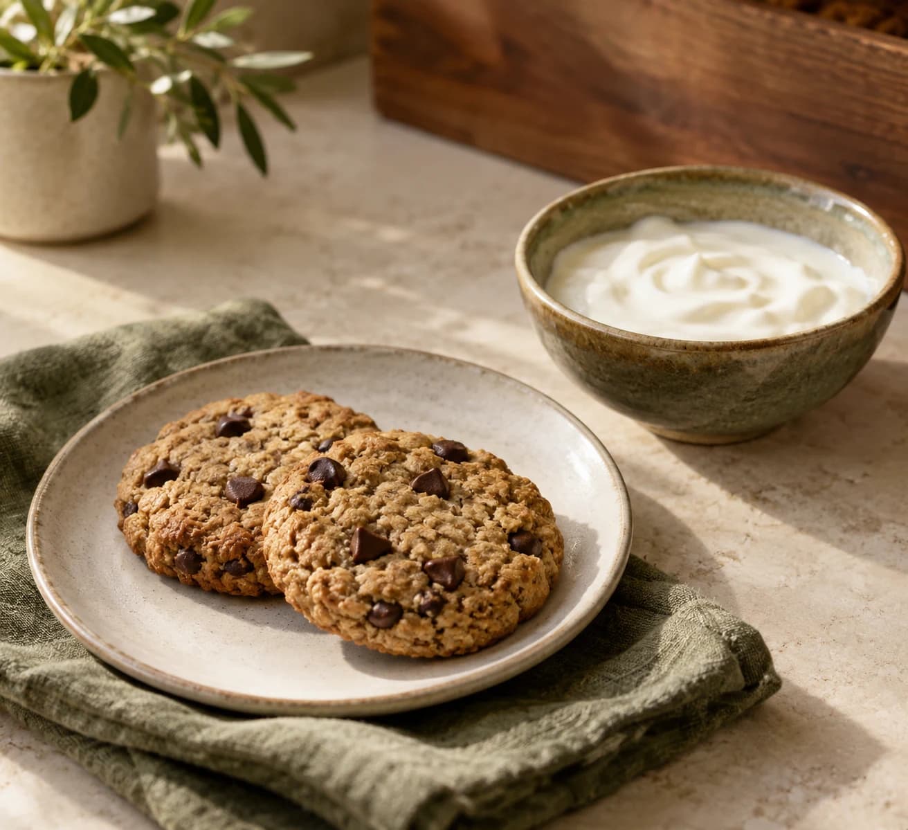 Two oat chocolate chip cookies beside a small bowl of plain yogurt