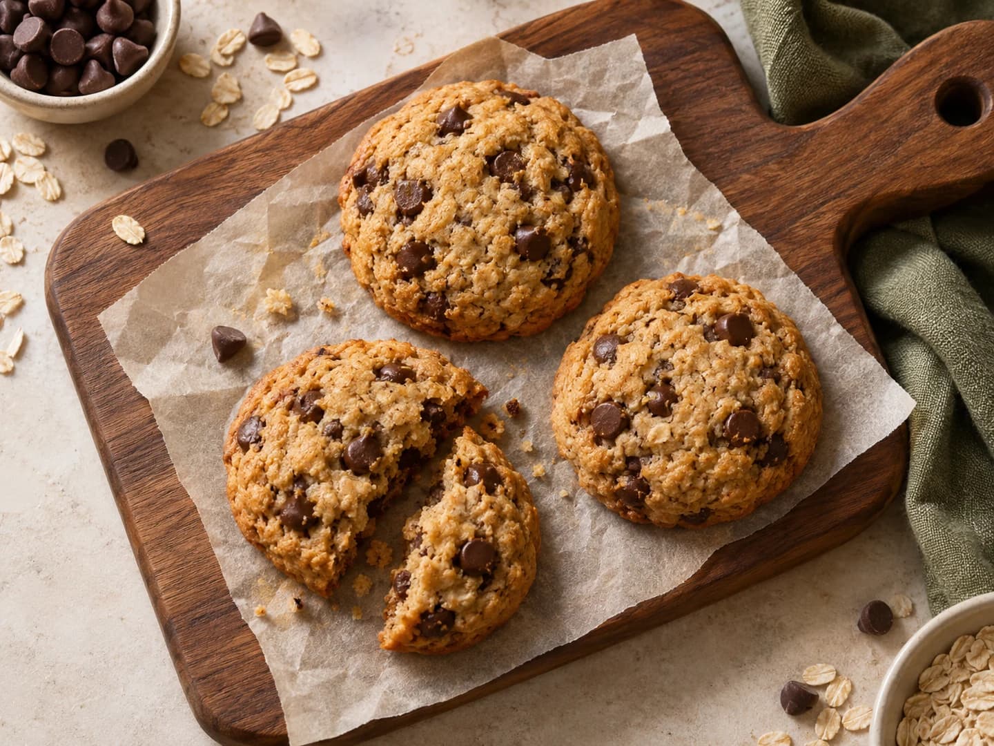 Three baked oat chocolate chip cookies on parchment over a walnut board