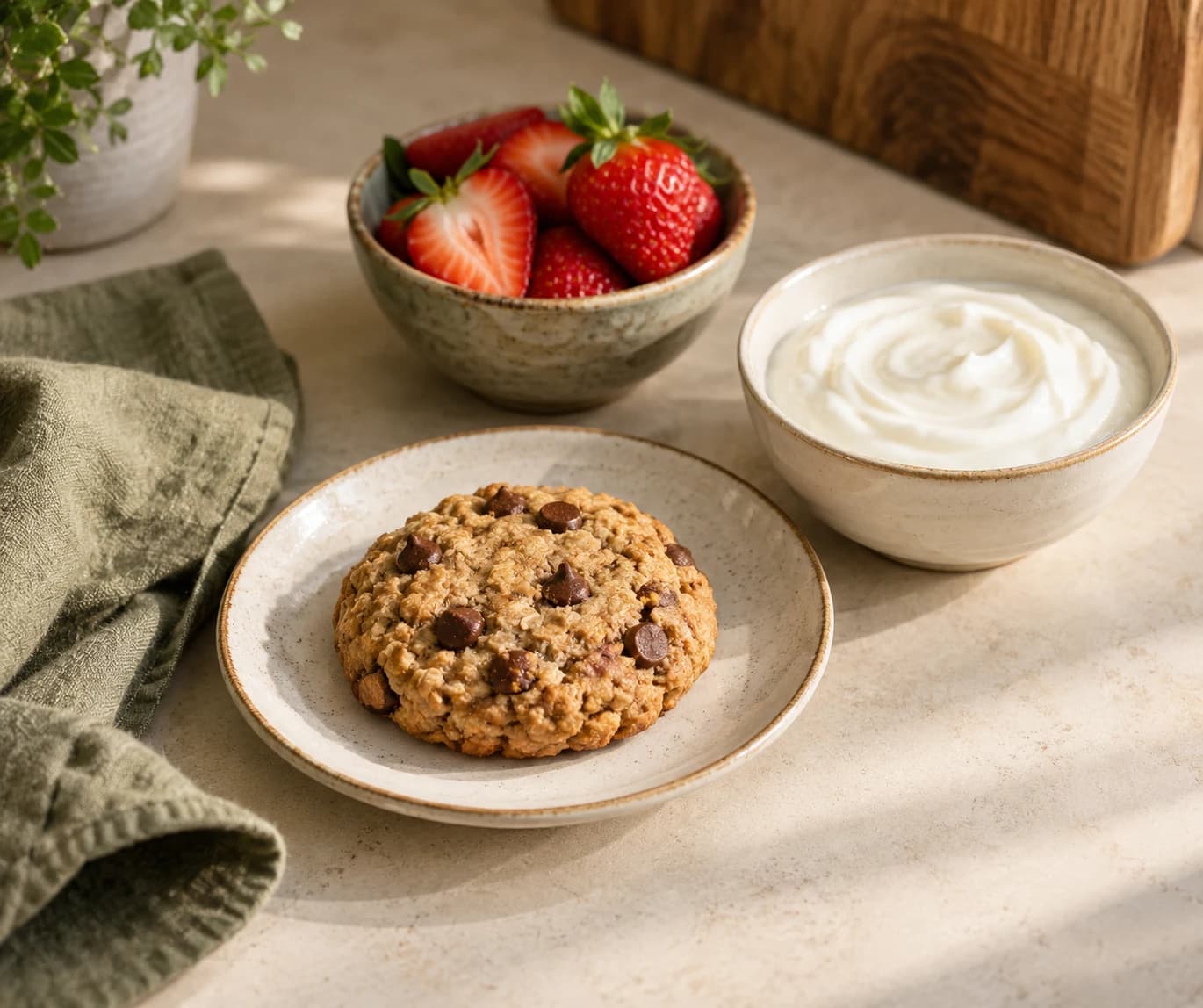 A cookie served beside separate bowls of plain yogurt and strawberries