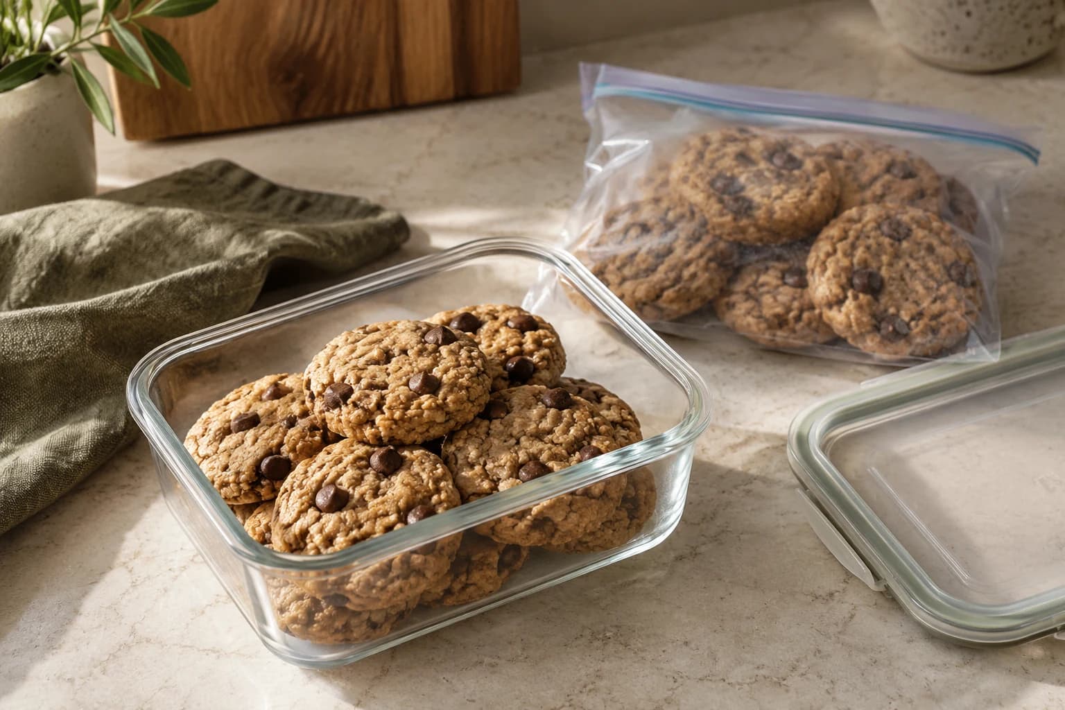 Cooled cookies in a shallow glass container with a lid beside it