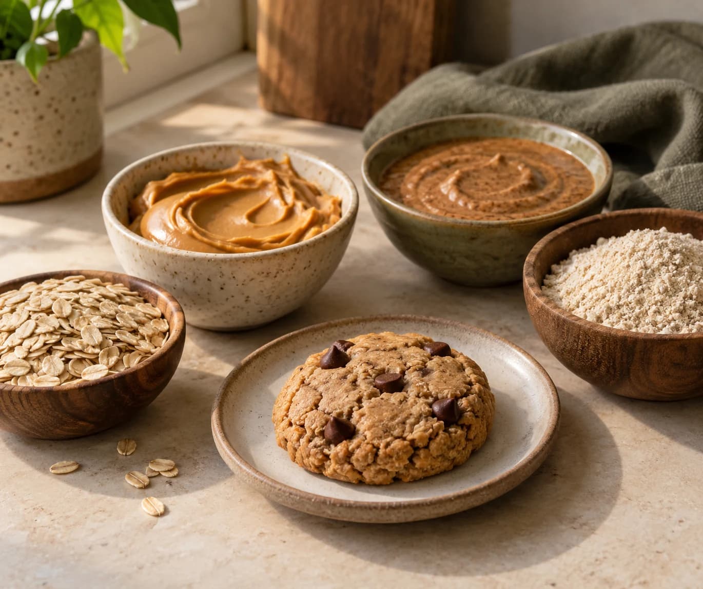 Peanut and almond butter bowls beside oats and a baked cookie