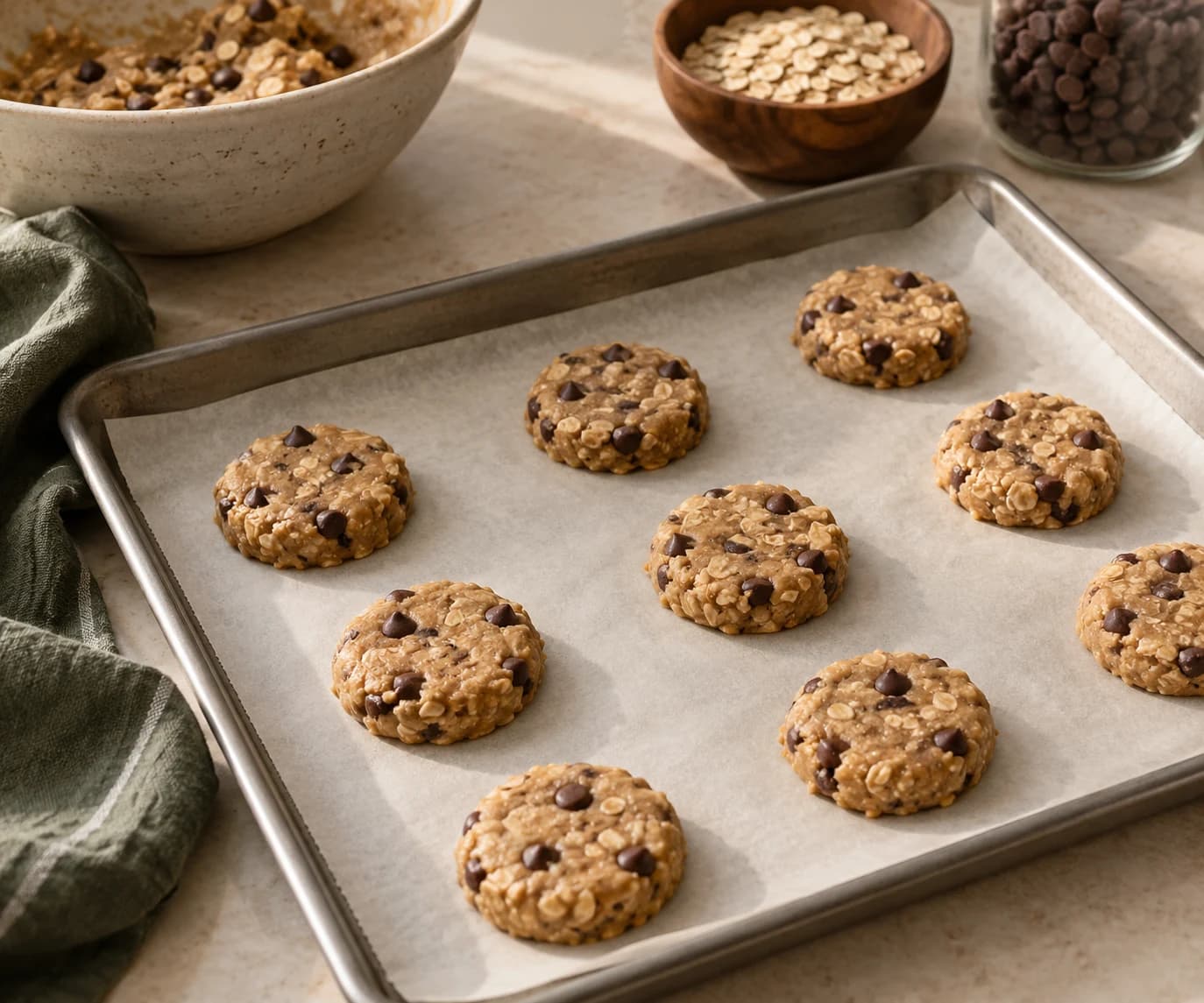 Evenly spaced flattened cookie dough discs on a parchment-lined tray