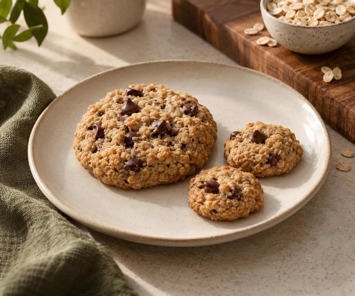 A full-size baked cookie beside two smaller oat chocolate chip cookies