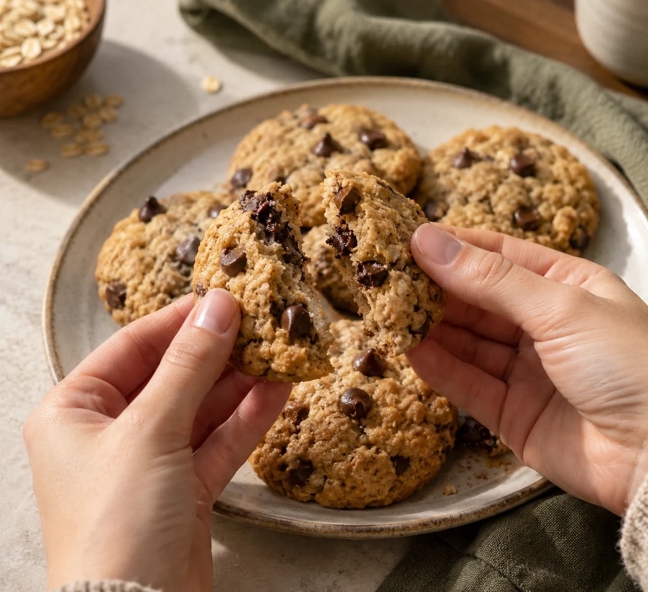 A hand breaking a baked oat chocolate chip cookie over an ivory plate