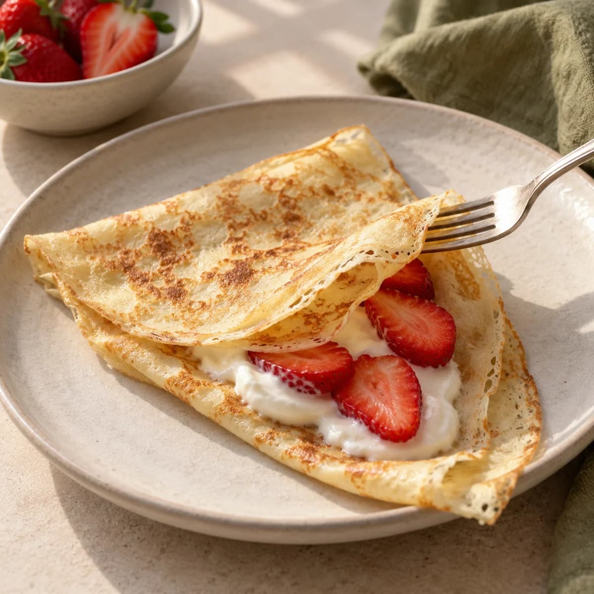 One thin crepe partly opened to show yogurt and fresh strawberry slices