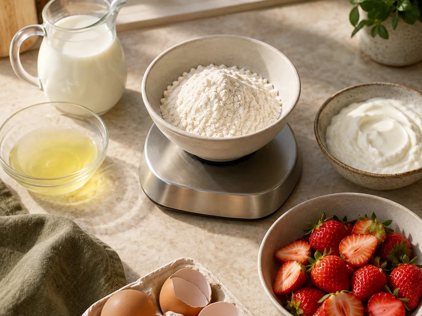 Flour being weighed beside milk, egg whites, yogurt and strawberries