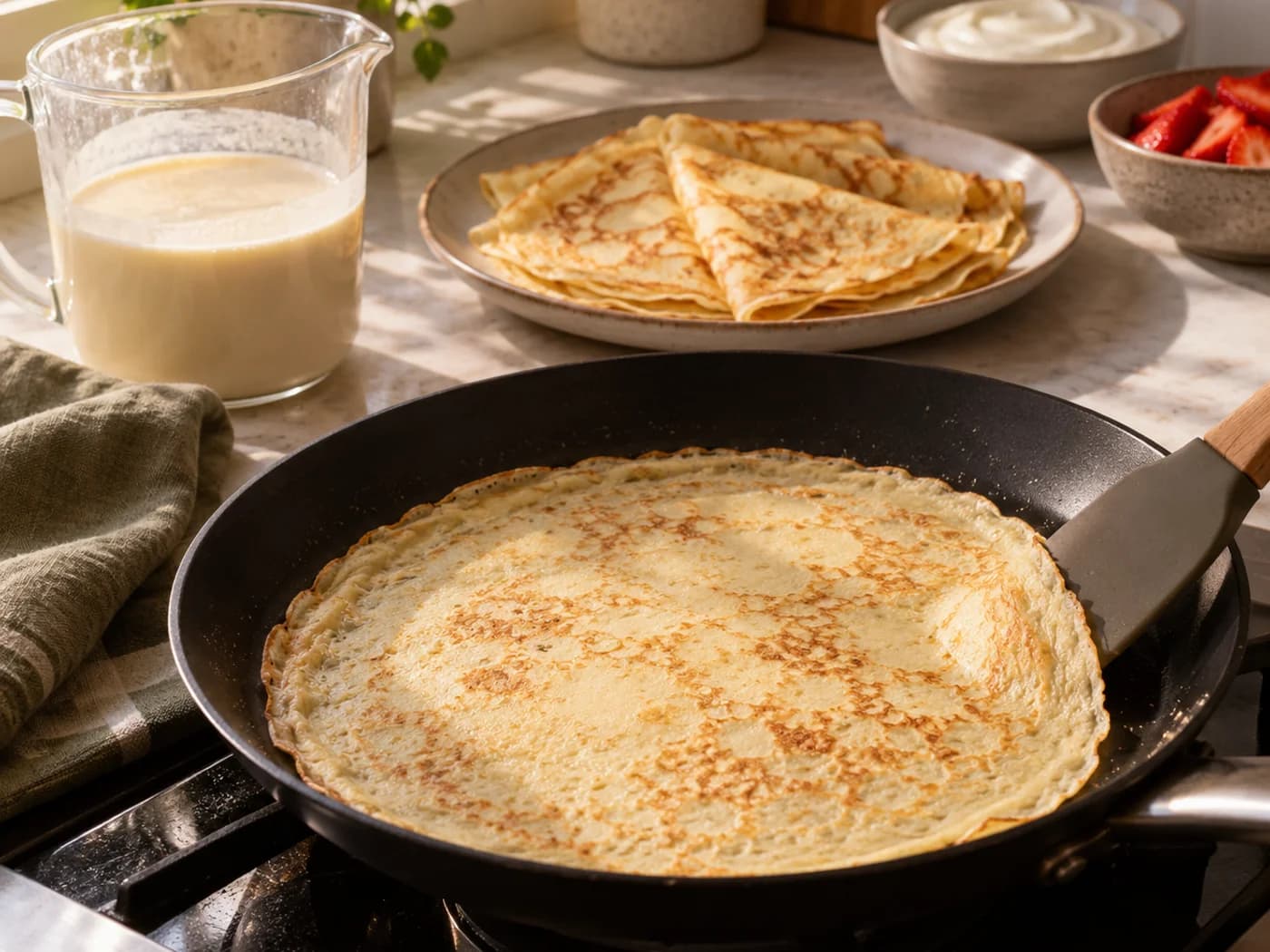 One thin plain crepe cooking in a nonstick skillet beside a jug of batter
