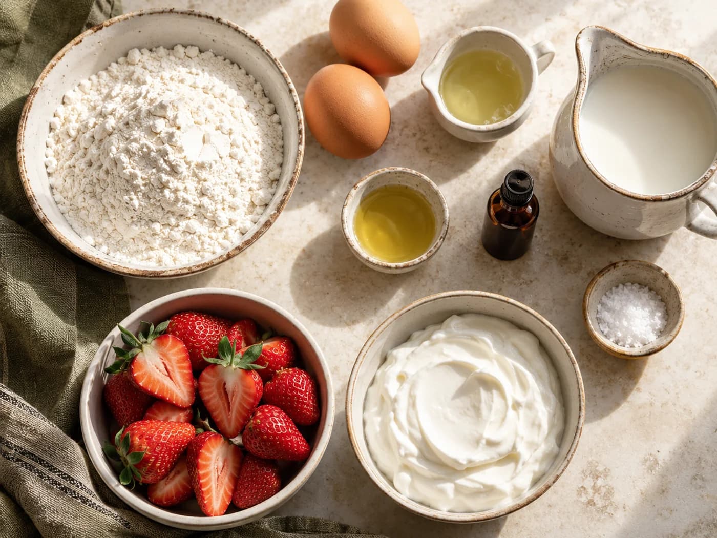 Separate bowls and jugs of flour, eggs, egg whites, milk, yogurt and strawberries