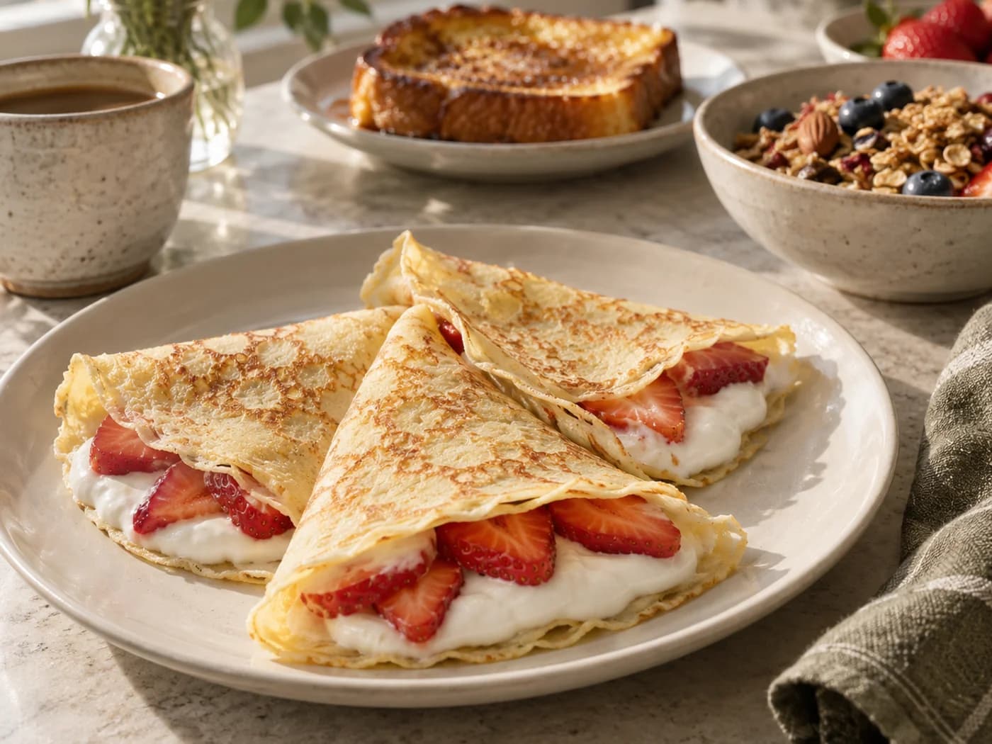 Thin filled crepes with French toast and granola softly blurred behind