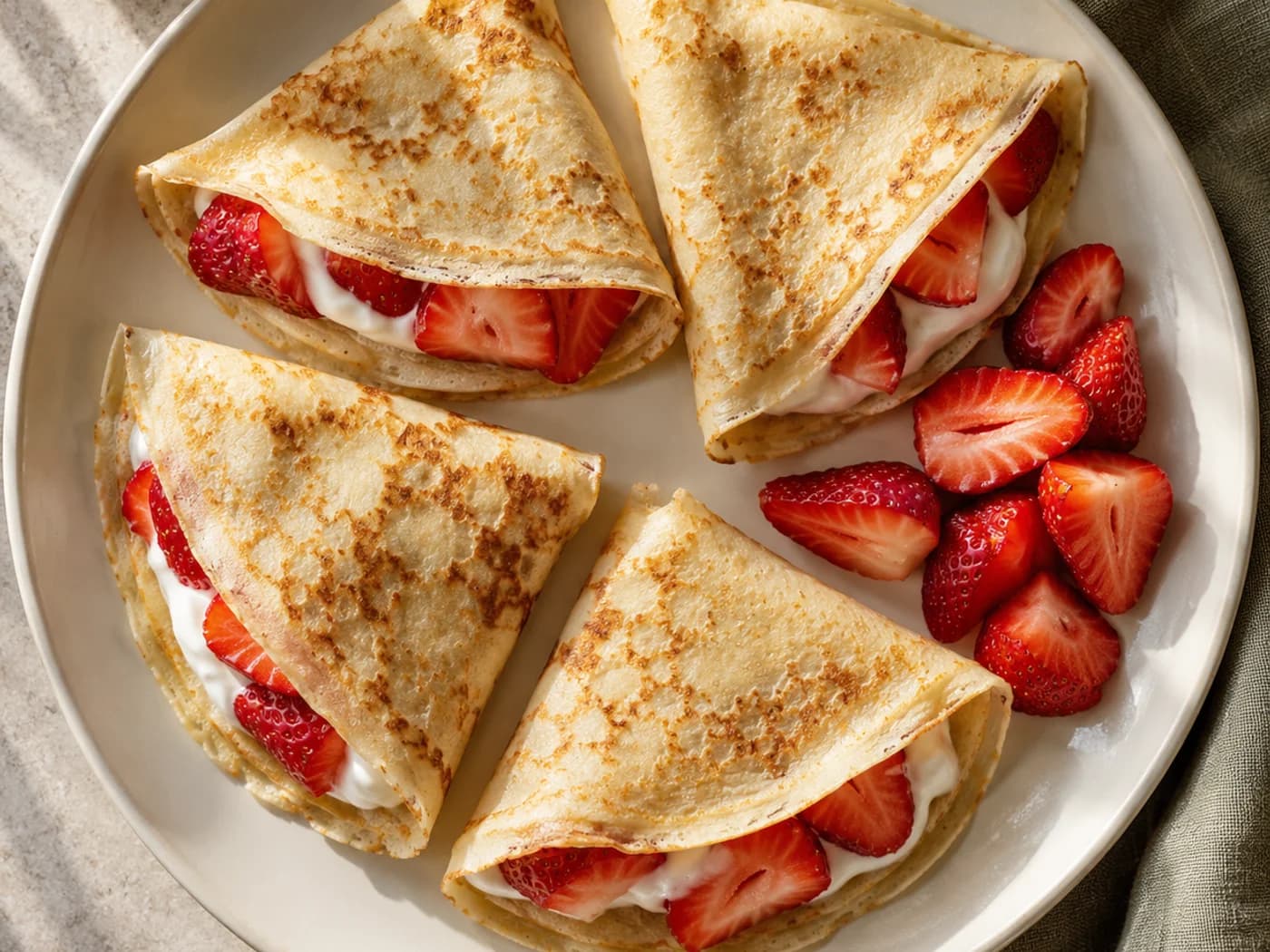 A complete plate of four folded strawberry and yogurt crepes seen from above