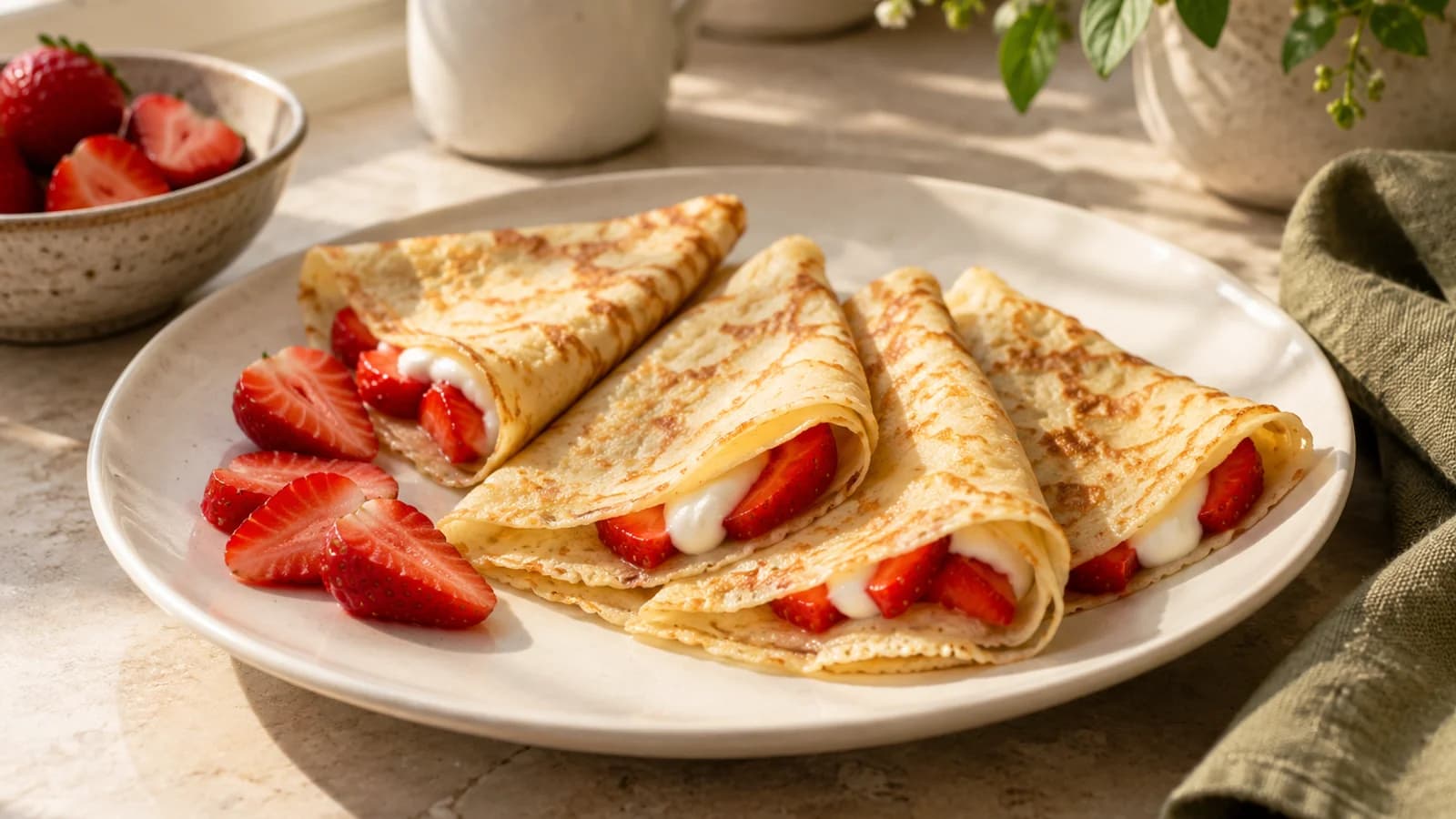 Four thin folded crepes with plain yogurt and strawberry filling on an ivory plate