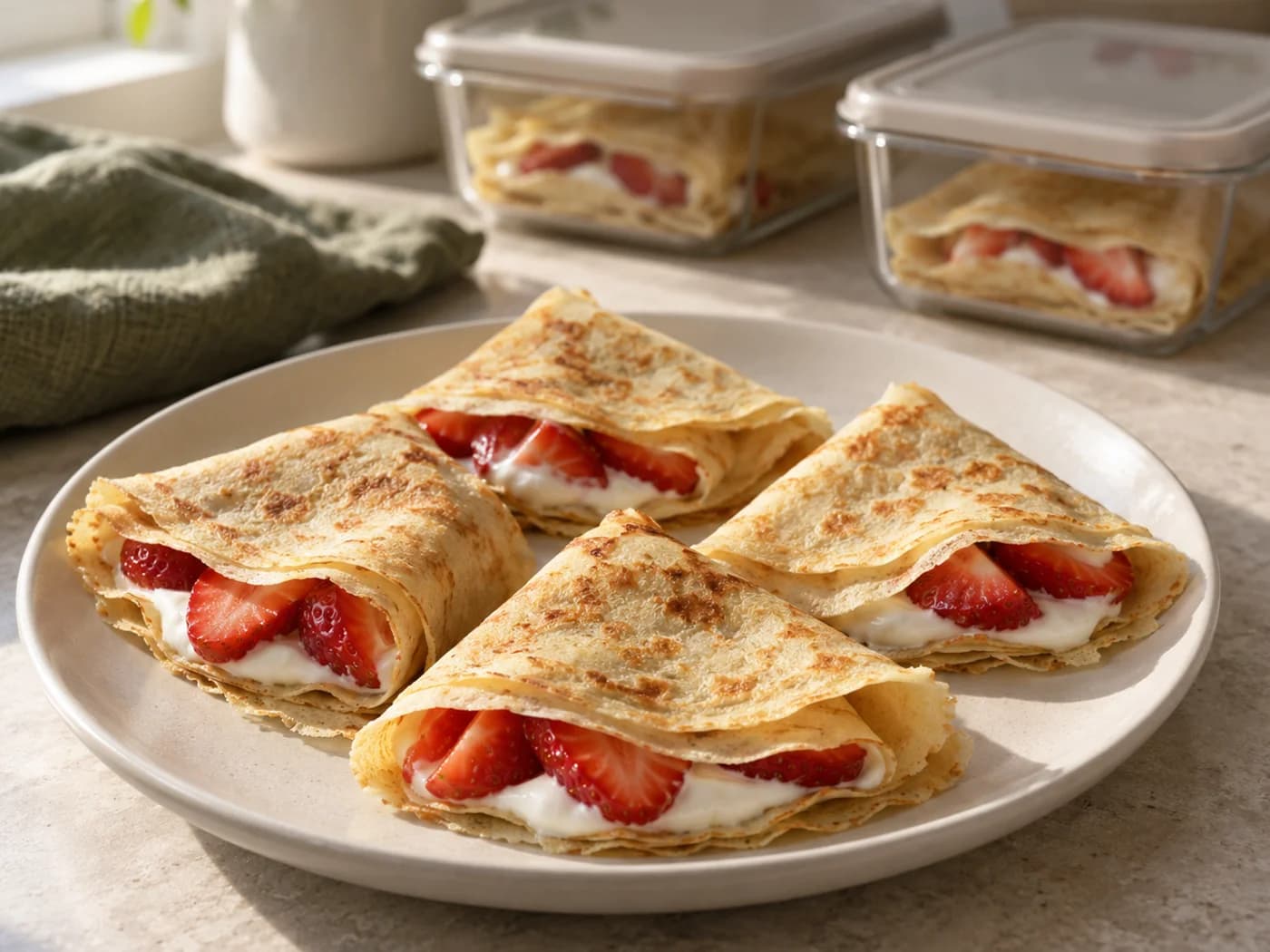 A four-crepe breakfast with meal containers softly blurred in the background
