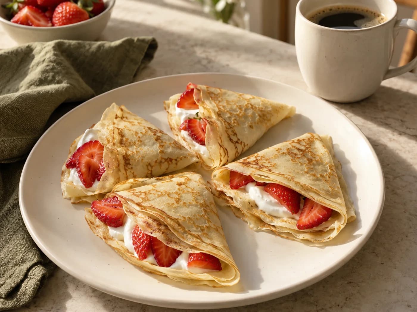 Four thin strawberry and yogurt crepes beside a coffee mug