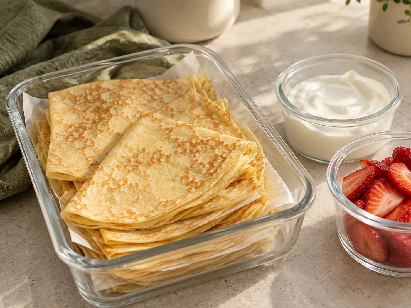 Plain crepes with parchment separators beside separate yogurt and strawberry containers