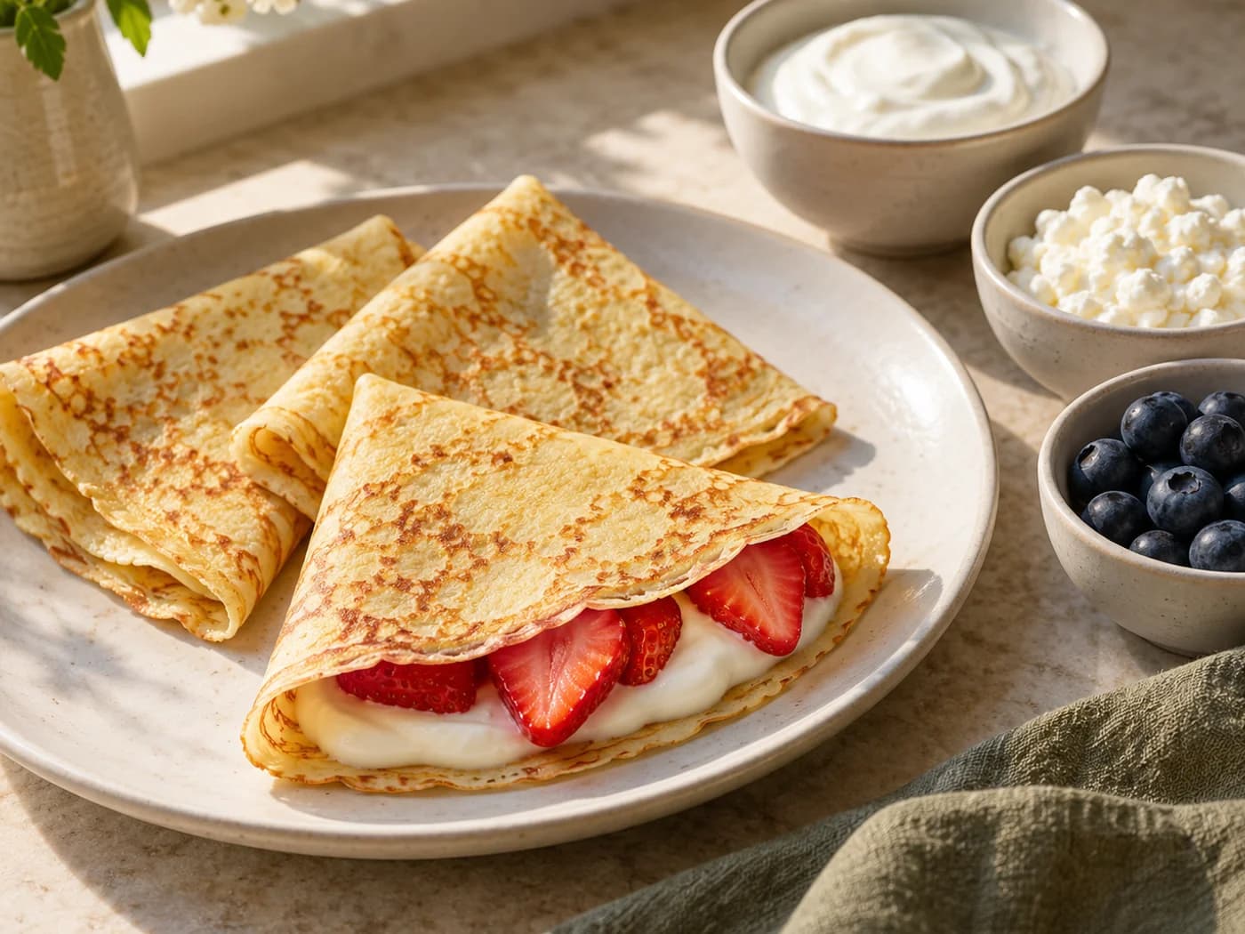 A folded crepe beside separate bowls of yogurt, cottage cheese and blueberries