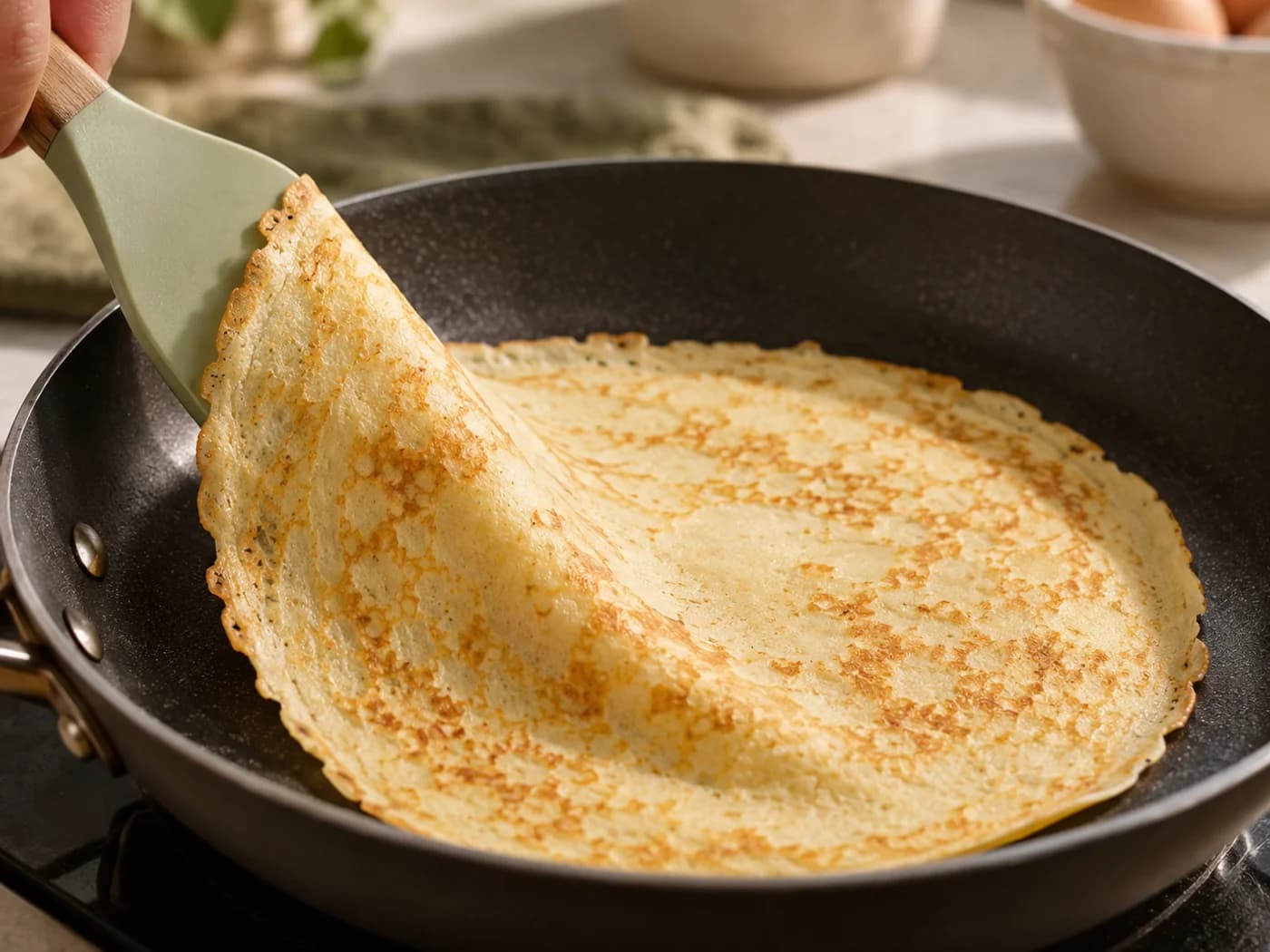 A spatula lifting the flexible edge of a lightly golden thin crepe