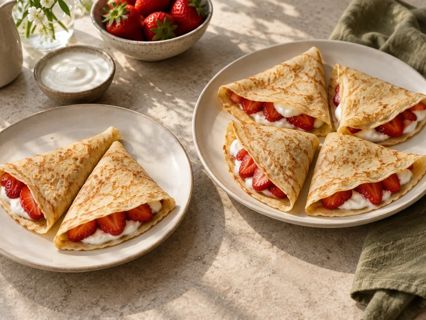 Two folded filled crepes on one plate beside four on another