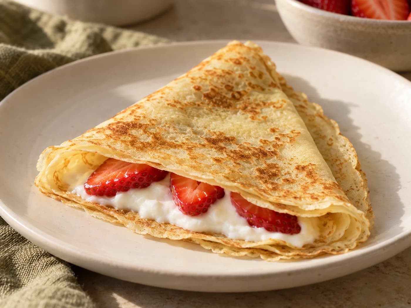 A thin crepe cut open to reveal a modest yogurt and strawberry filling