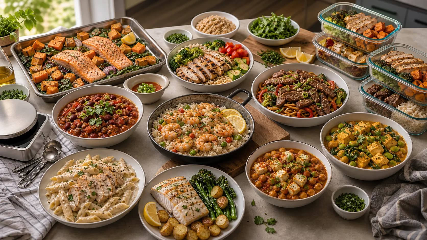 High-protein dinner spread with salmon sweet potato tray bake, chicken grain bowl, turkey chili, shrimp cauliflower rice, beef noodles, tofu edamame curry, chicken pasta, cod, and meal-prep containers