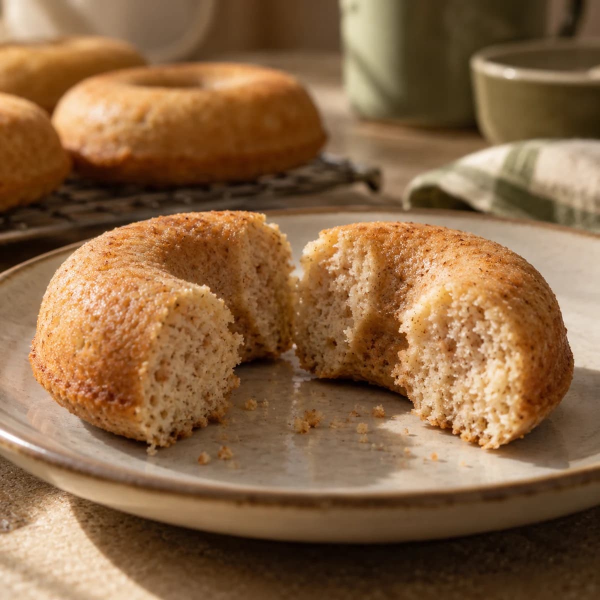A plain donut cut to reveal its fine oat cake crumb