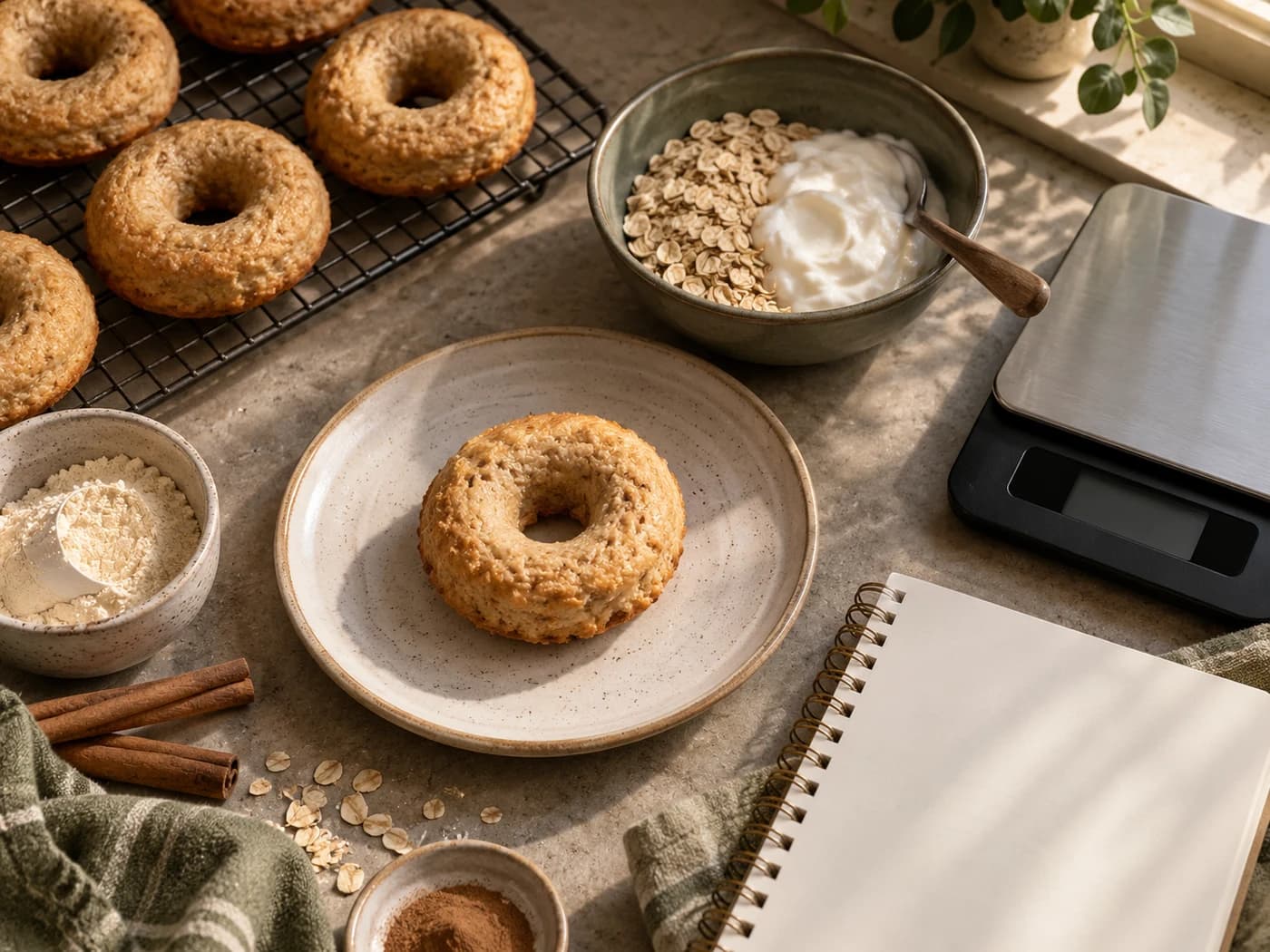 A donut, oats, yogurt and a plain kitchen scale viewed from above