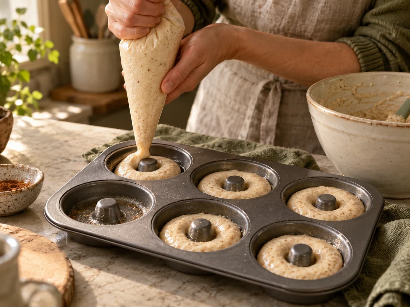 Thick batter being piped around the centre posts of a donut pan