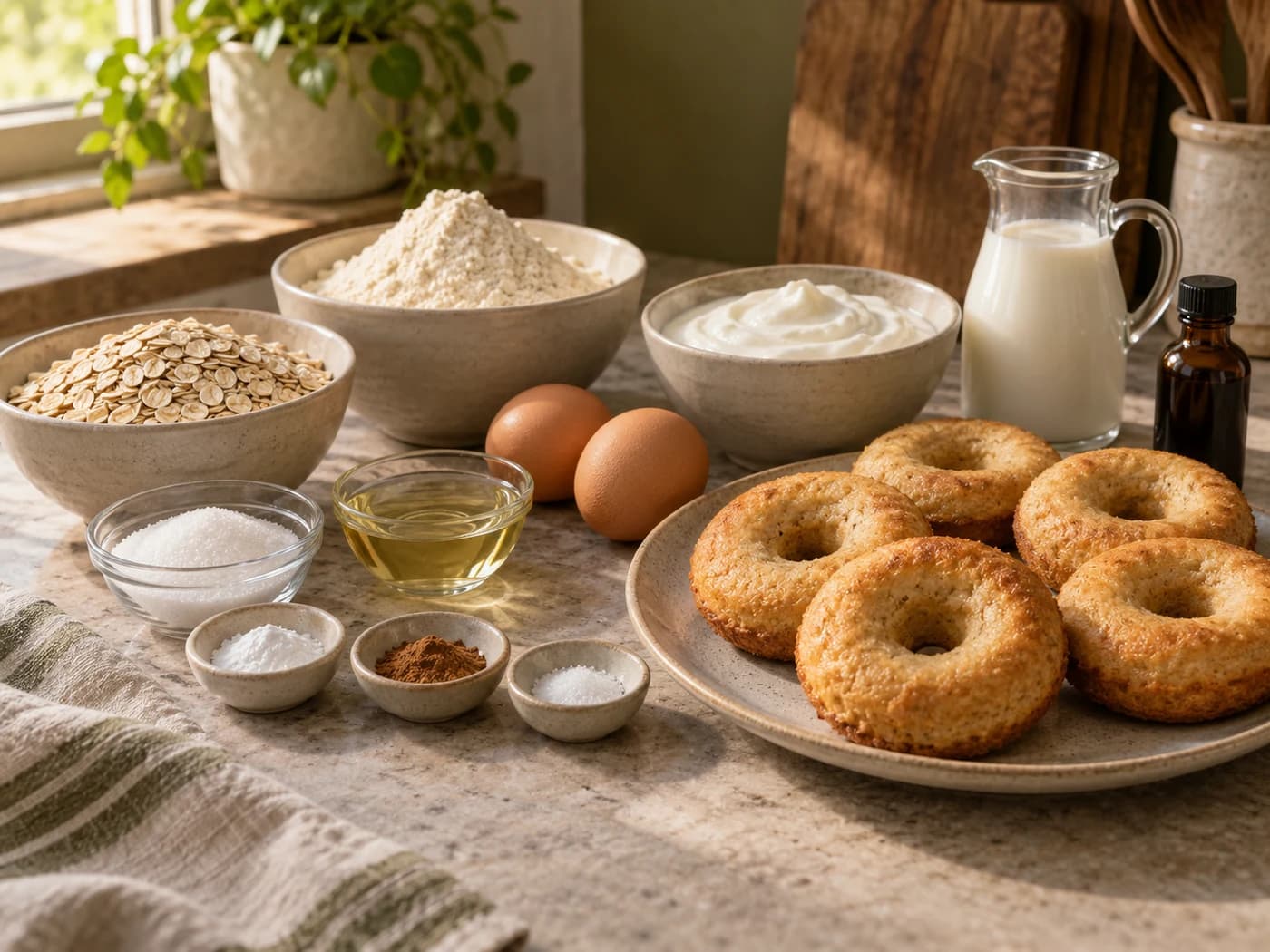 Oats, whey, yogurt, eggs, milk and measured baking ingredients on a counter