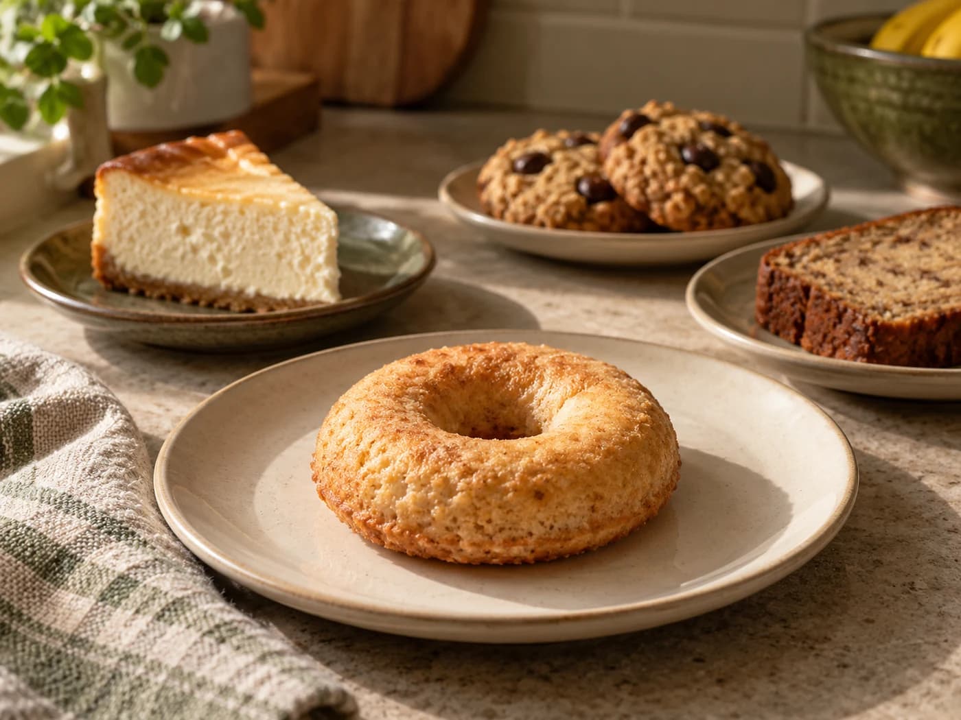 Plain donuts with cheesecake, oat cookies and banana bread on separate plates