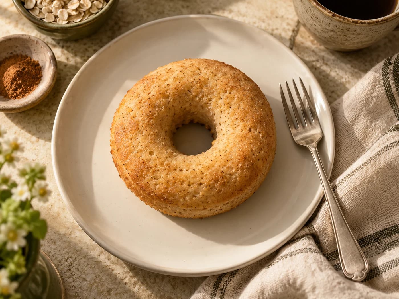 One plain baked donut on a small ivory plate