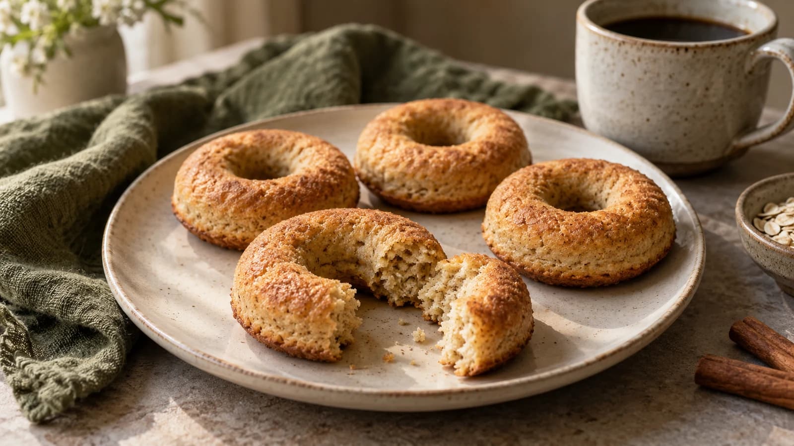 Plain golden baked protein donuts with one broken to show its oat crumb