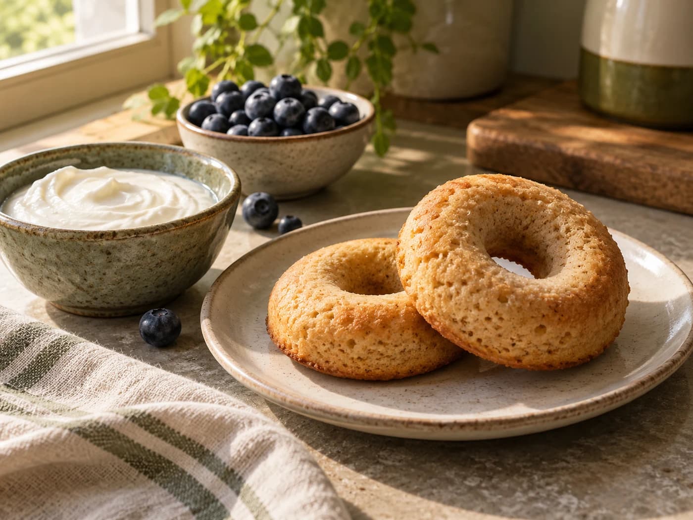 Two plain donuts beside a measured-looking bowl of Greek yogurt