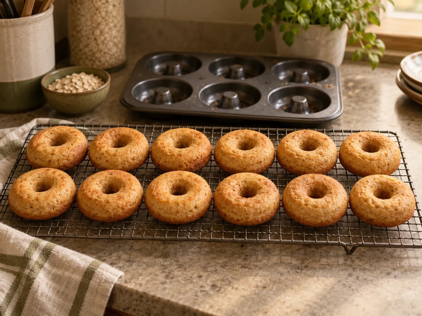 Twelve plain baked donuts arranged on a cooling rack