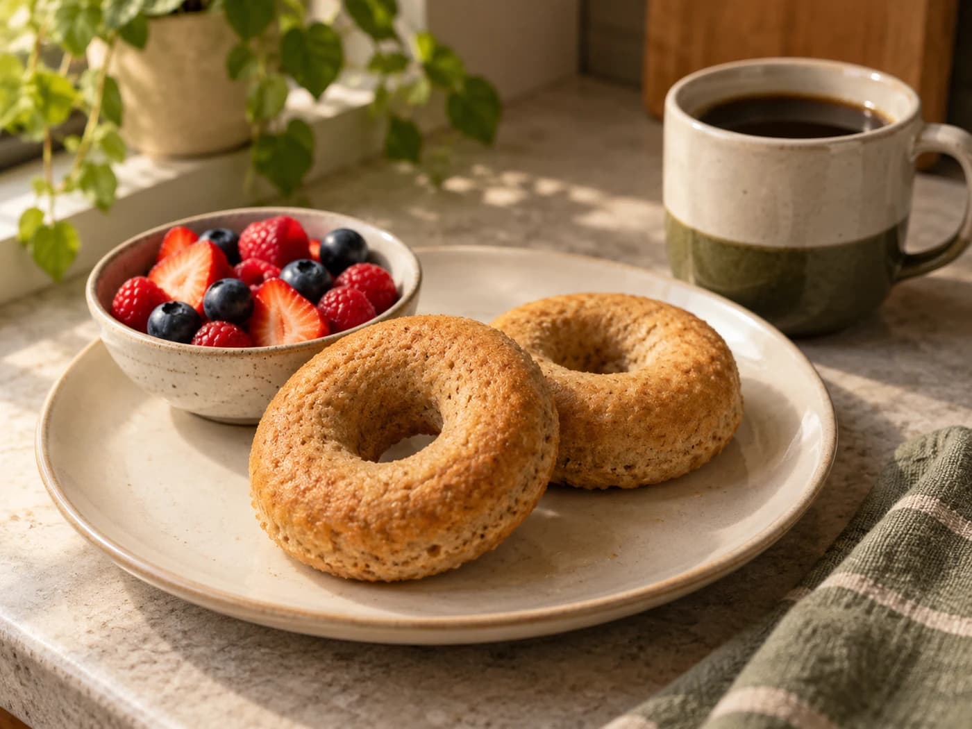 Two plain donuts with berries and coffee on a kitchen table