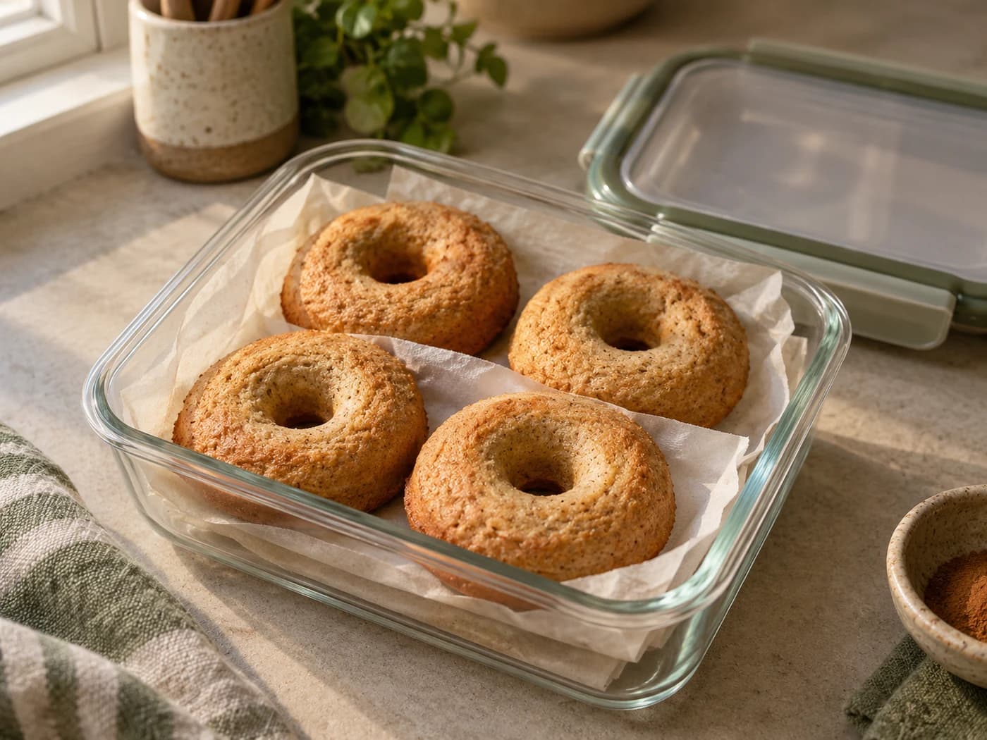 Cooled plain donuts packed with parchment in a clean container